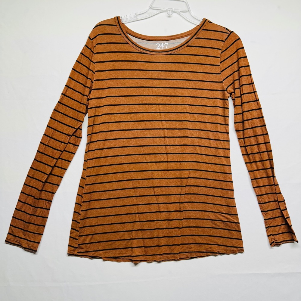 Maurices 24/7 Brown Black Striped Long Sleeved Crew Neck Soft‎ Top Womens Small